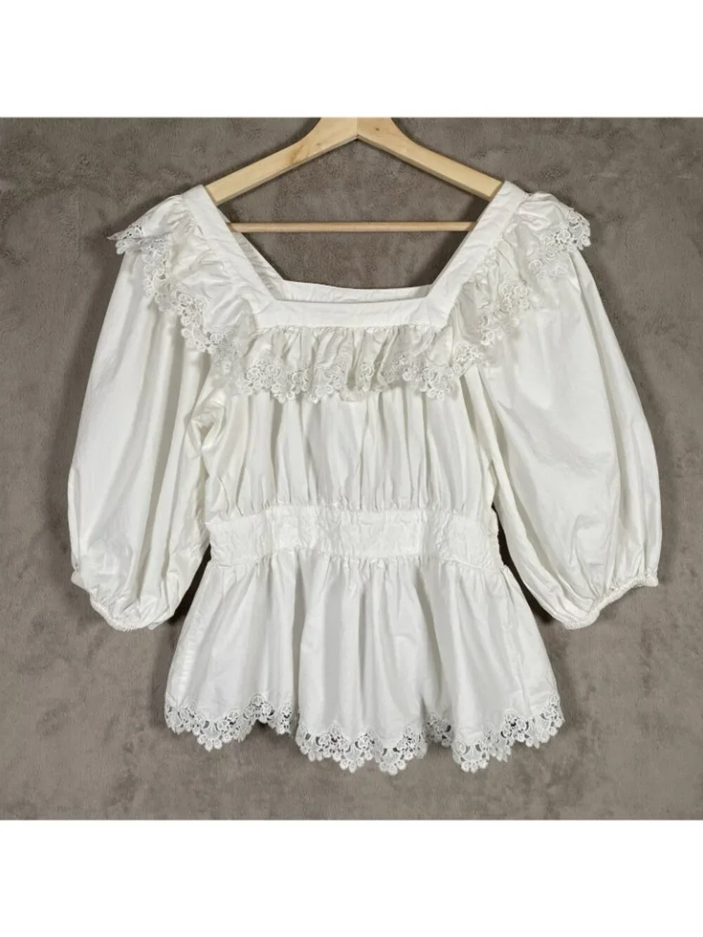 Maeve Peplum Eyelet Blouse M White Puff Sleeve Romantic Boho Peasant Milkmaid